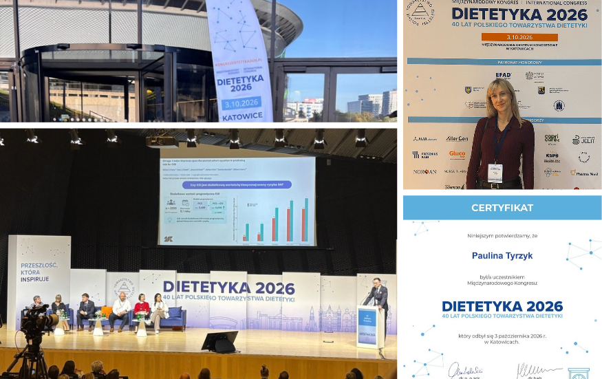 Kolaż zdjęć z&nbsp;kongresu Dietetyka 2026 w&nbsp;Katowicach: sala konferencyjna, logo wydarzenia, certyfikat uczestnictwa oraz Paulina Tyrzyk podczas kongresu.