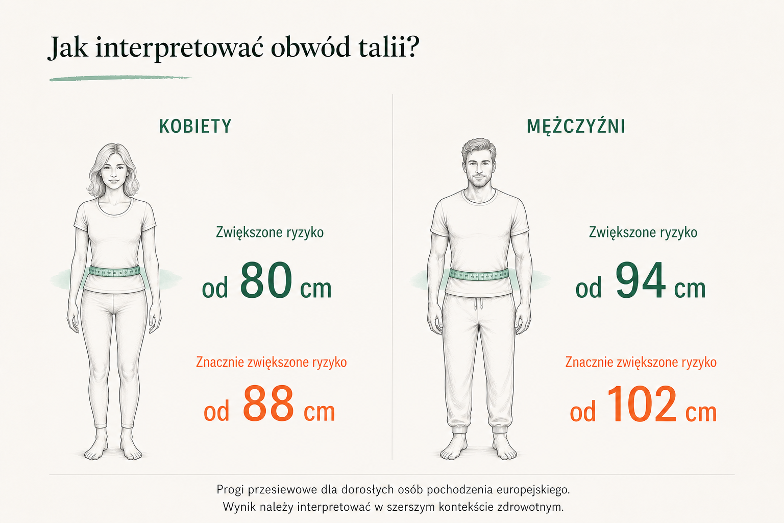 Szkic kobiety i&nbsp;mężczyzny z&nbsp;zaznaczonym obwodem talii oraz progami ryzyka: 80 i&nbsp;88 cm u&nbsp;kobiet oraz 94 i&nbsp;102 cm u&nbsp;mężczyzn.